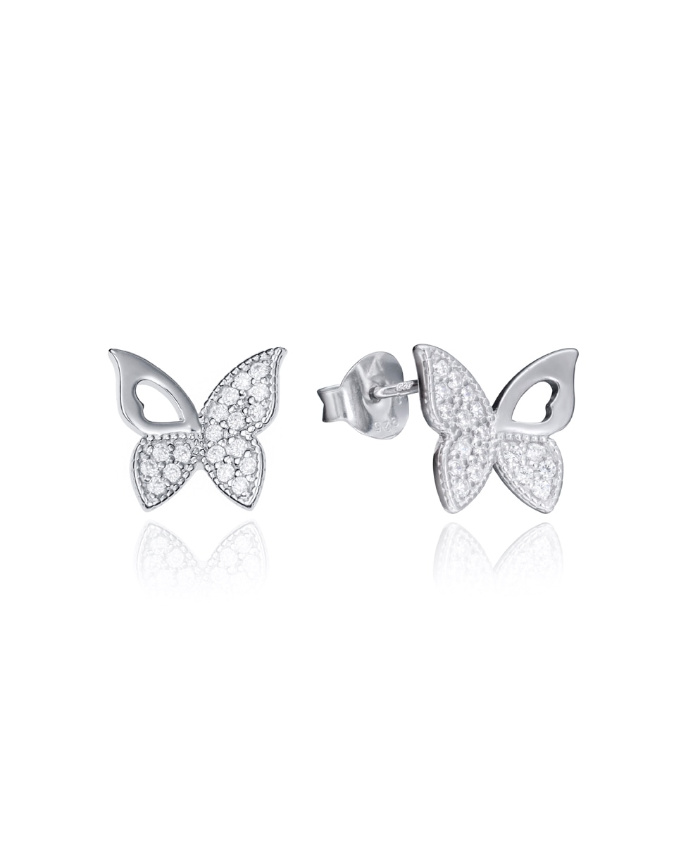 Brincos Popular de Prata com Forma de Borboleta e Zircônias Branco-1