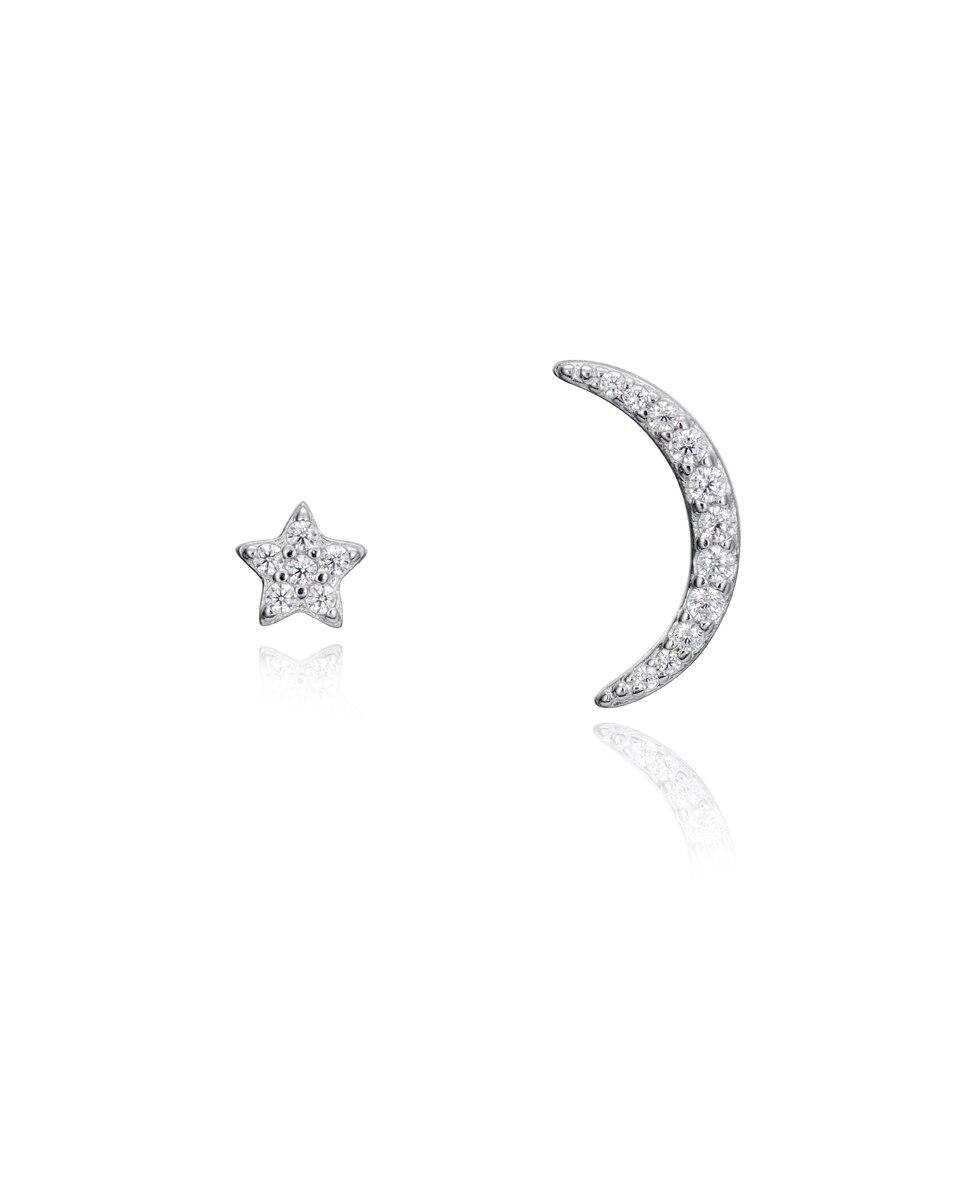 Brincos Popular de Prata com Forma de Lua e Estrela com Zircônias Branco-1