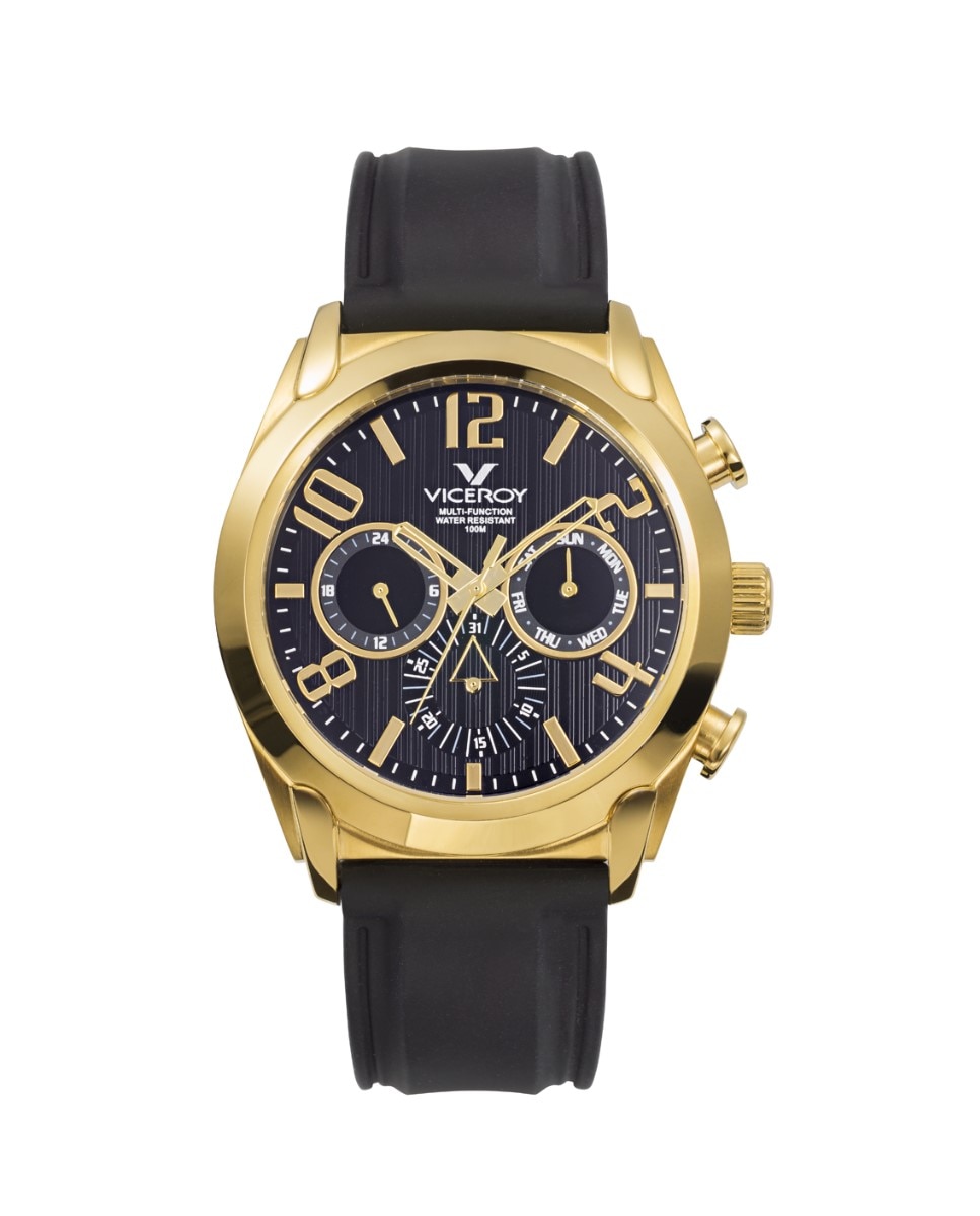 Relógio Analógico Magnum Multifunções de Aço com Ip Dourado e Bracelete de Silicone em Preto Dourado-1