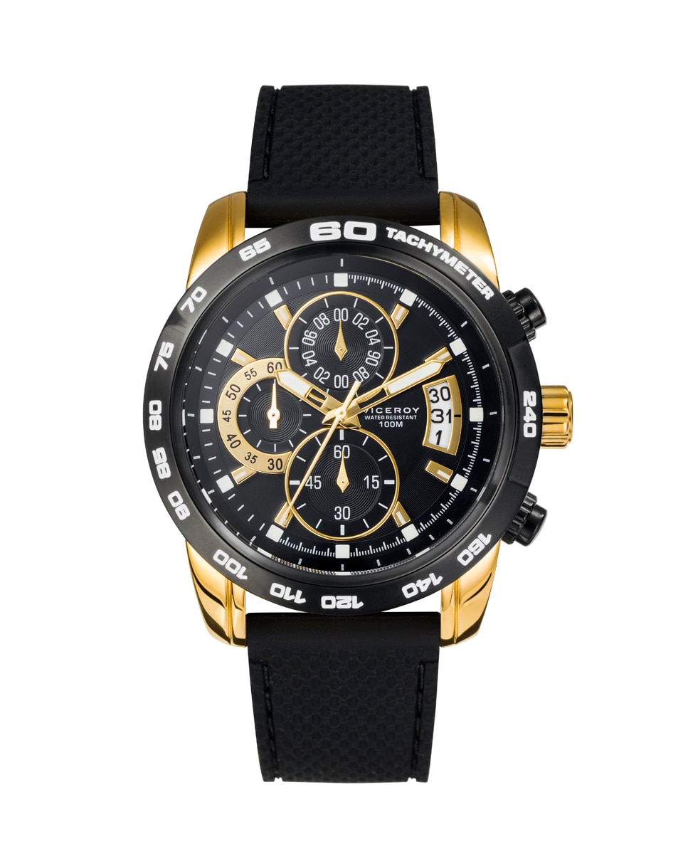 Relógio Analógico Heat Cronógrafo de Aço com Ip Dourado e Bracelete de Silicone em Preto Dourado-1