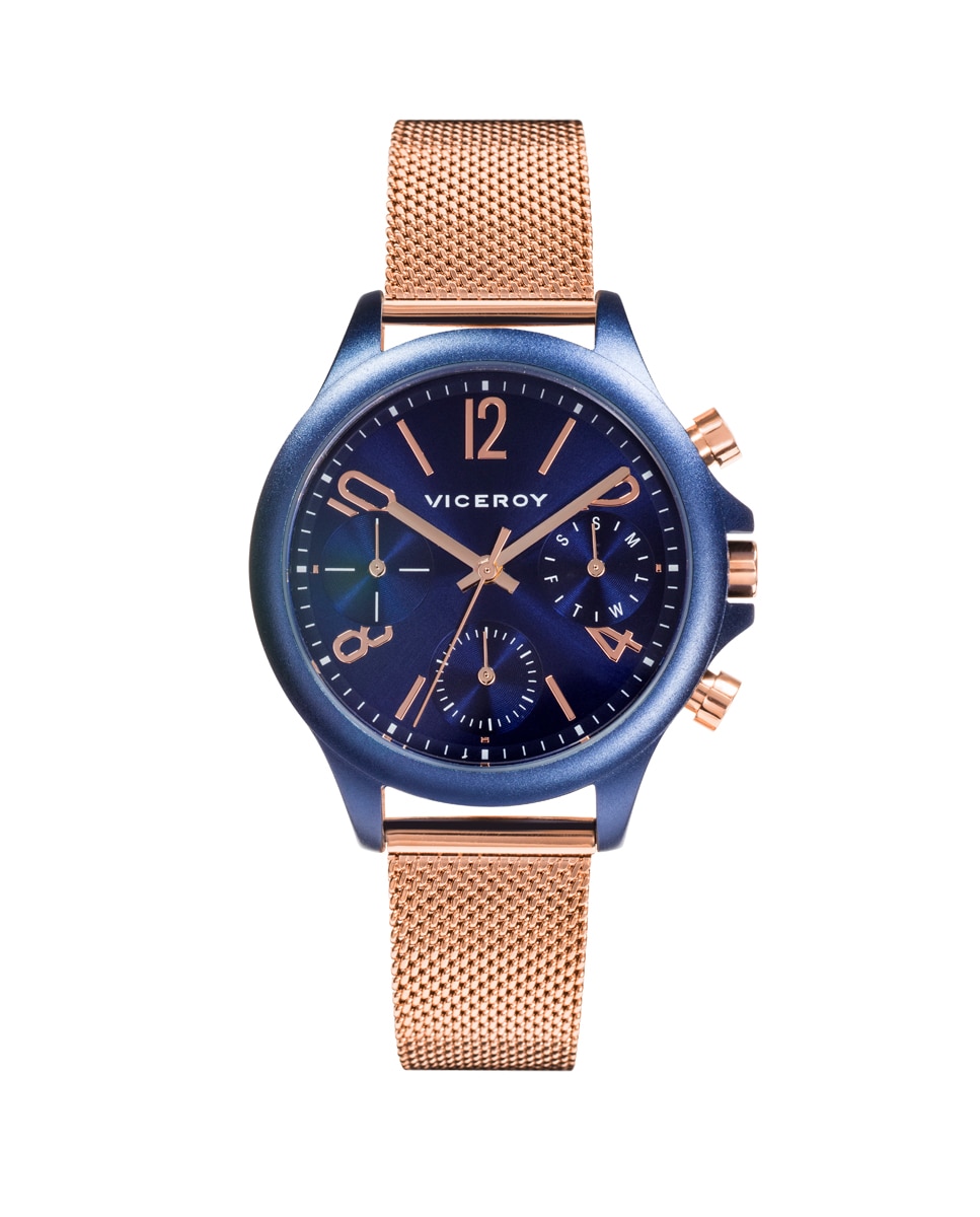 Relógio Analógico Colors Multifunções de Alumínio em Azul e Bracelete de Aço com Ip Rosa Azul-1