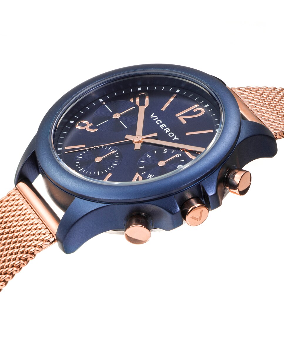 Relógio Analógico Colors Multifunções de Alumínio em Azul e Bracelete de Aço com Ip Rosa Azul-3