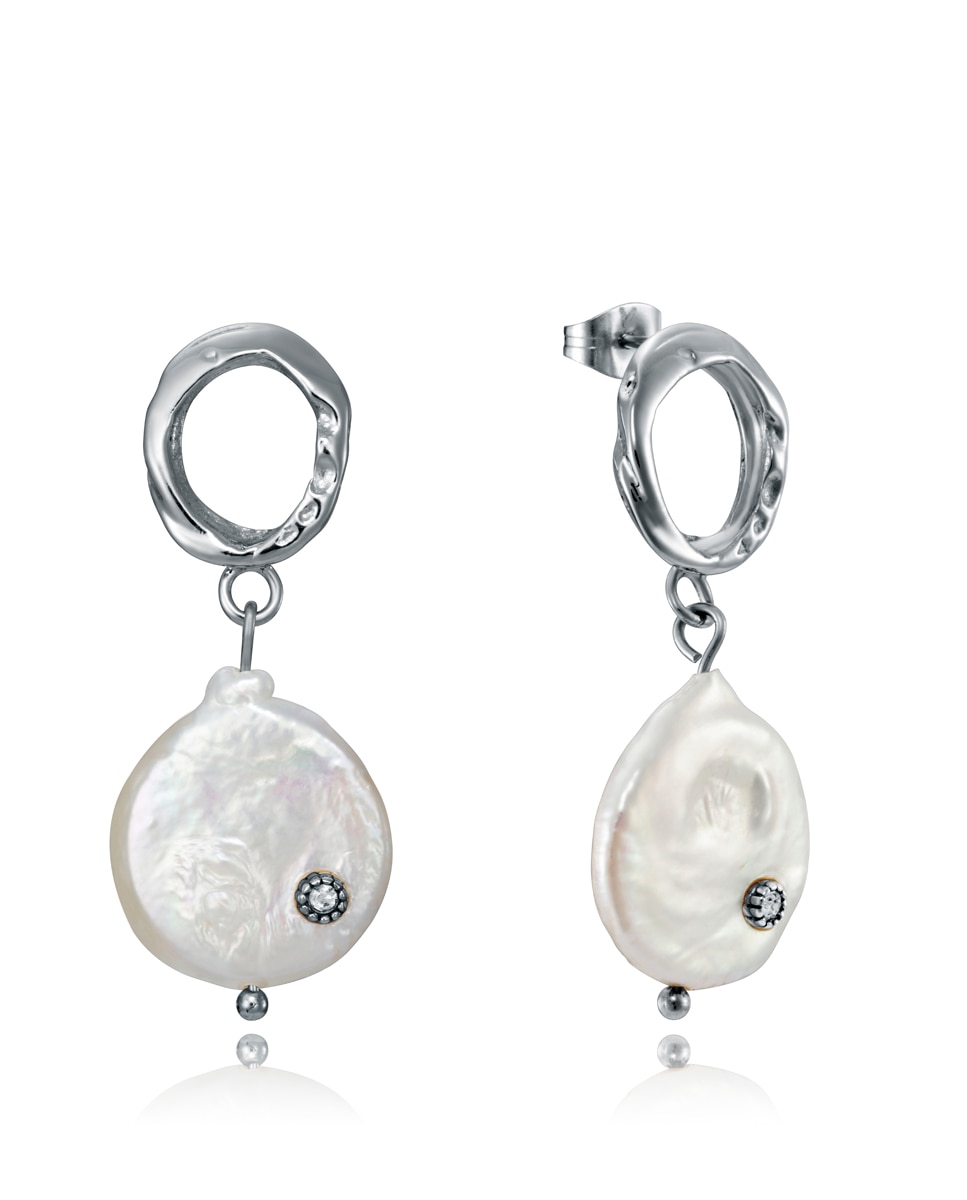 Imagem 0 de Brincos Chic de Aço em Forma de Argola e Pérola Natural