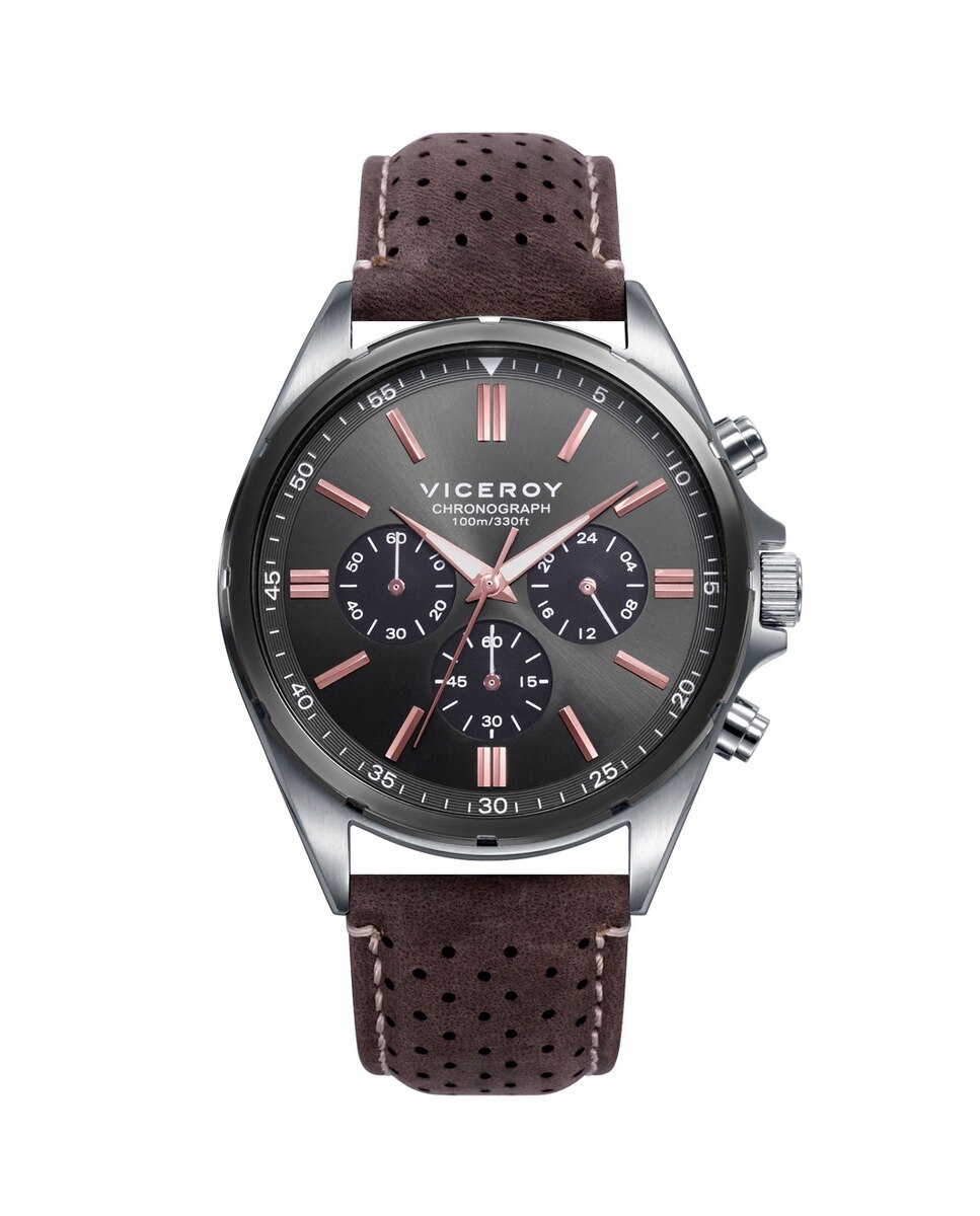 Relógio Analógico Magnum de Aço Bicolor Ip Cinzento e Bracelete de Pele Castanho-escuro-4