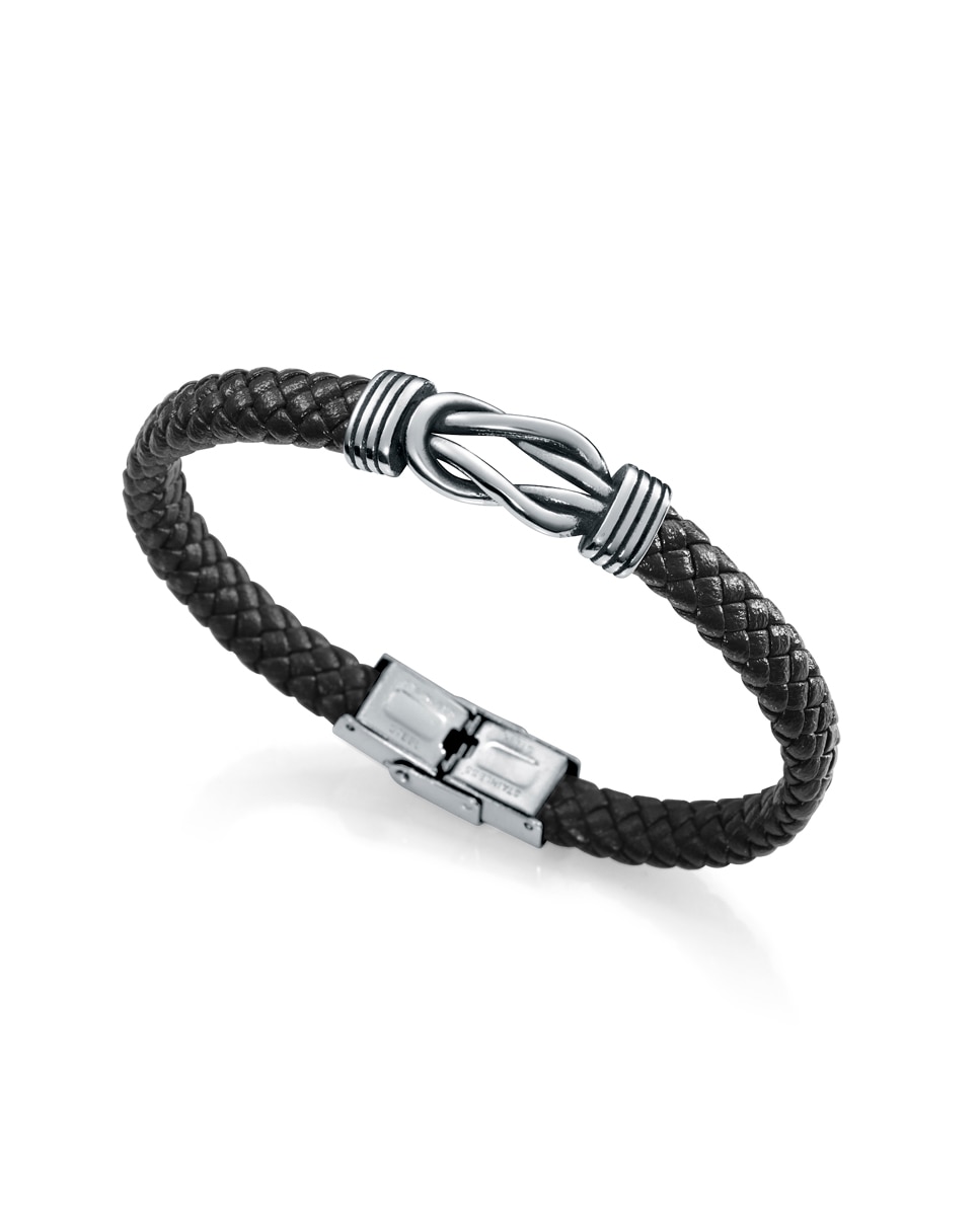 Pulseira Air de Pele Entrançada e Nó de Aço Preto-1