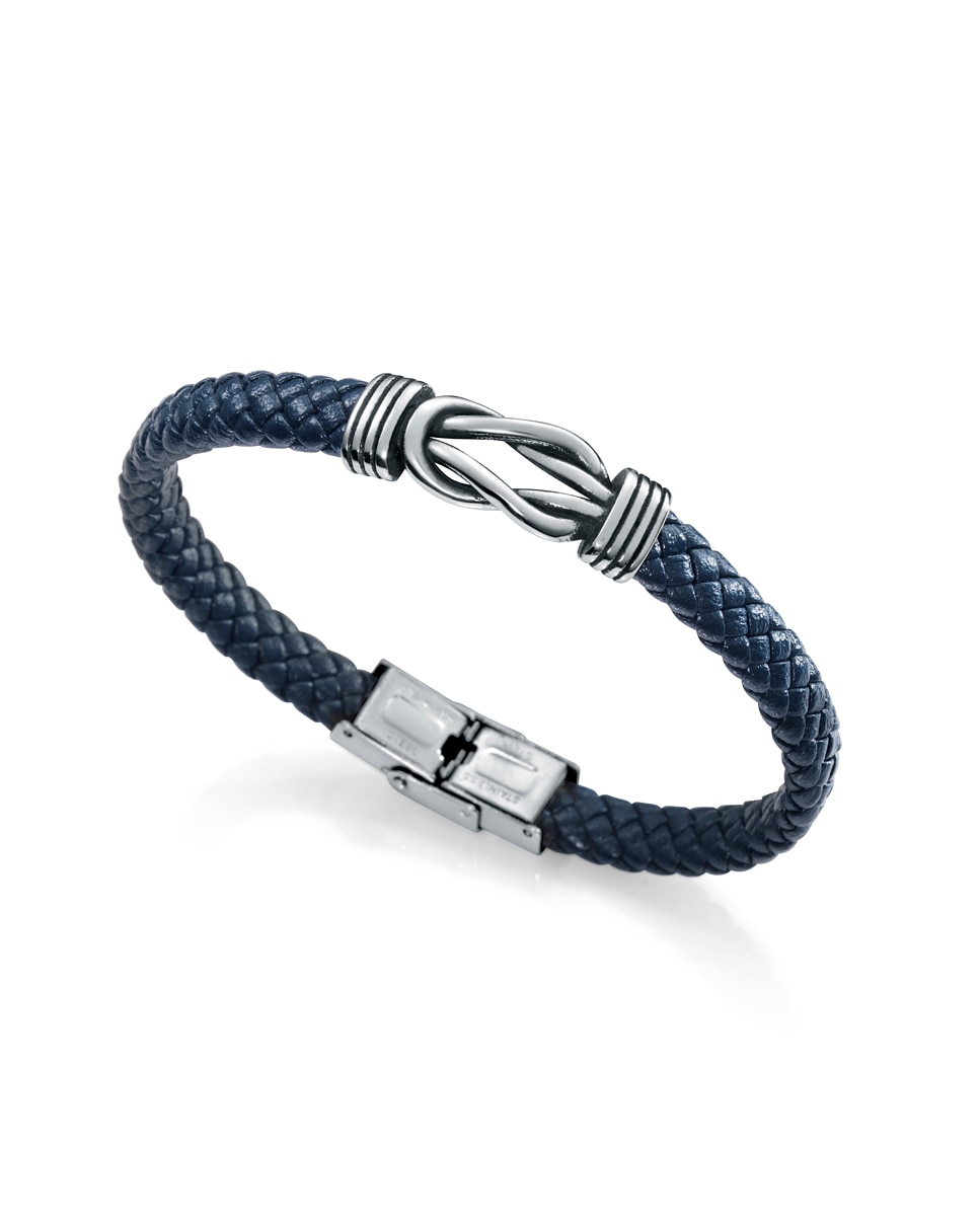 Pulseira Air de Pele Entrançada e Nó de Aço Azul-1