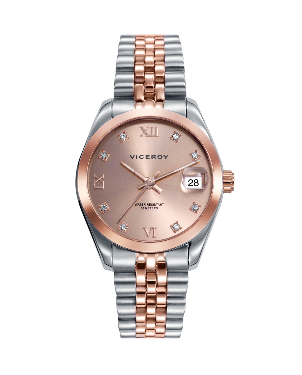 Relógio Analógico Chic de Aço com Calendário e Bracelete em Ip Rosa Rosa-1