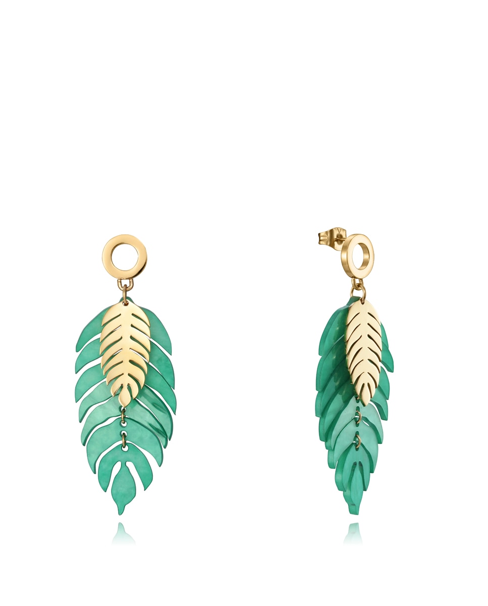 Brincos Chic em Ip Dourado em Forma de Duas Folhas com Resina Verde Verde-1