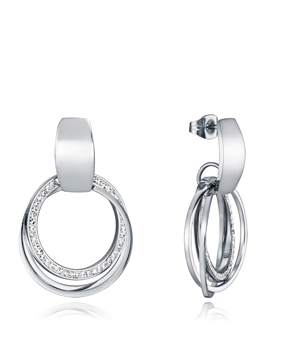 Brincos Chic de Aço com Três Argolas Uma Cravejada com Zirconita Prateado-1