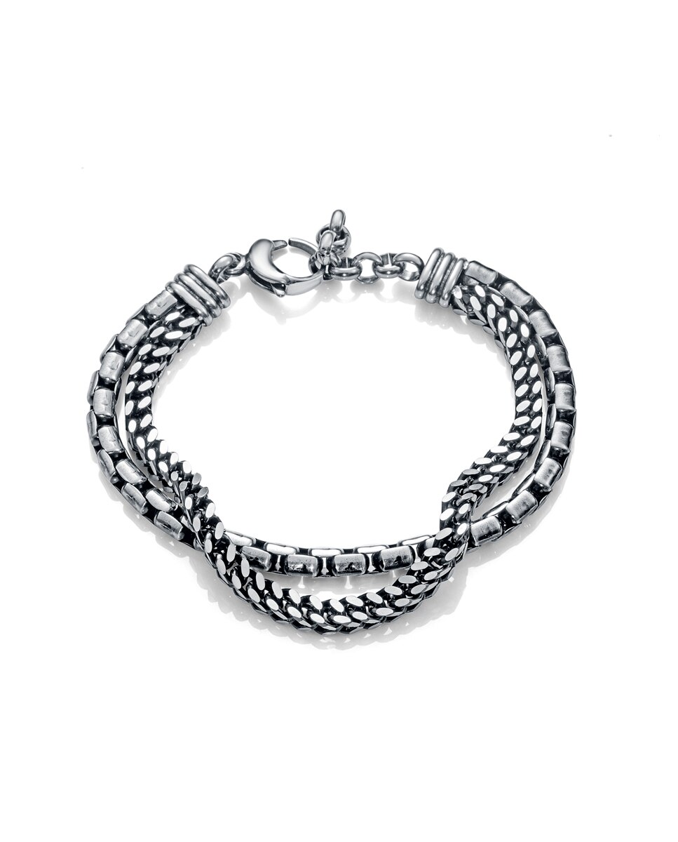 Pulseira Beat de Aço Oxidado com Corrente Dupla Prateado-1