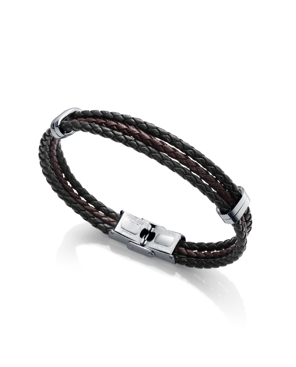 Pulseira Magnum de Aço e Pele Entrançada em Castanho e Preto Castanho-1