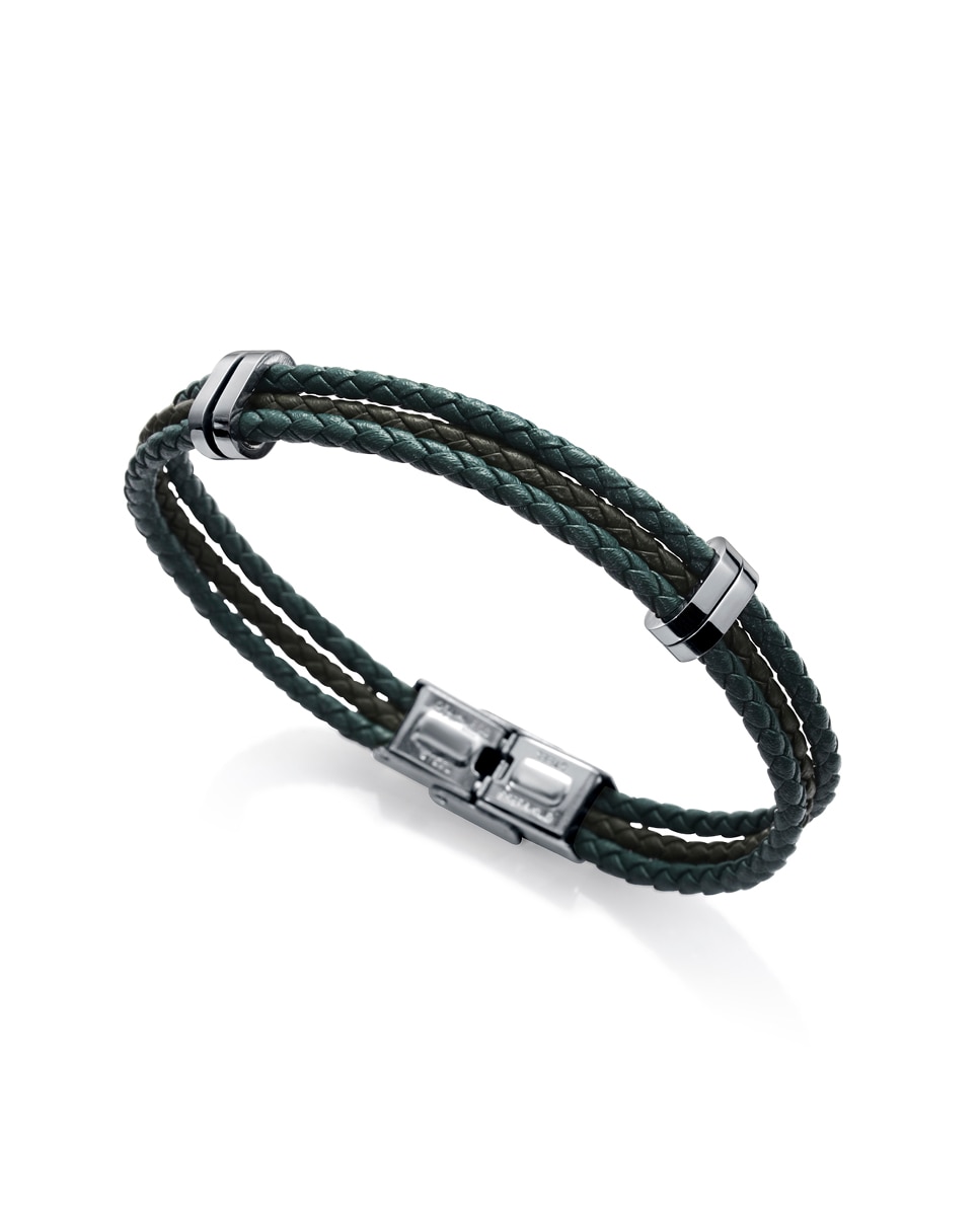 Pulseira Magnum de Aço e Pele Entrançada em Verde Verde-escuro-1