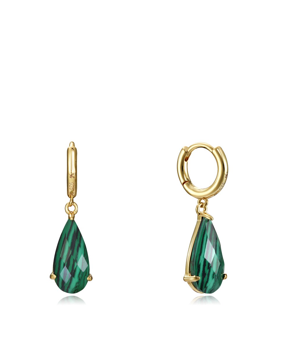 Brincos Elegant de Prata com Banho de Ouro e Pedra Verde Malaquita Verde-1