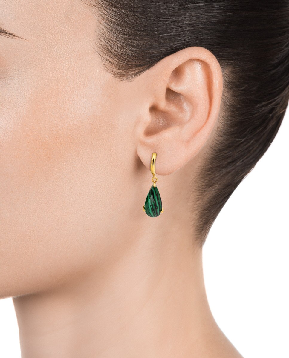 Brincos Elegant de Prata com Banho de Ouro e Pedra Verde Malaquita Verde-2