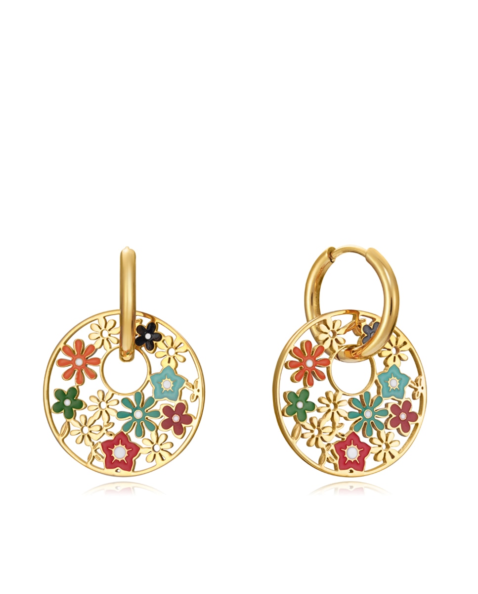Brincos Kiss de Aço Dourado com Motivo de Flores Coloridas Multicolor-1