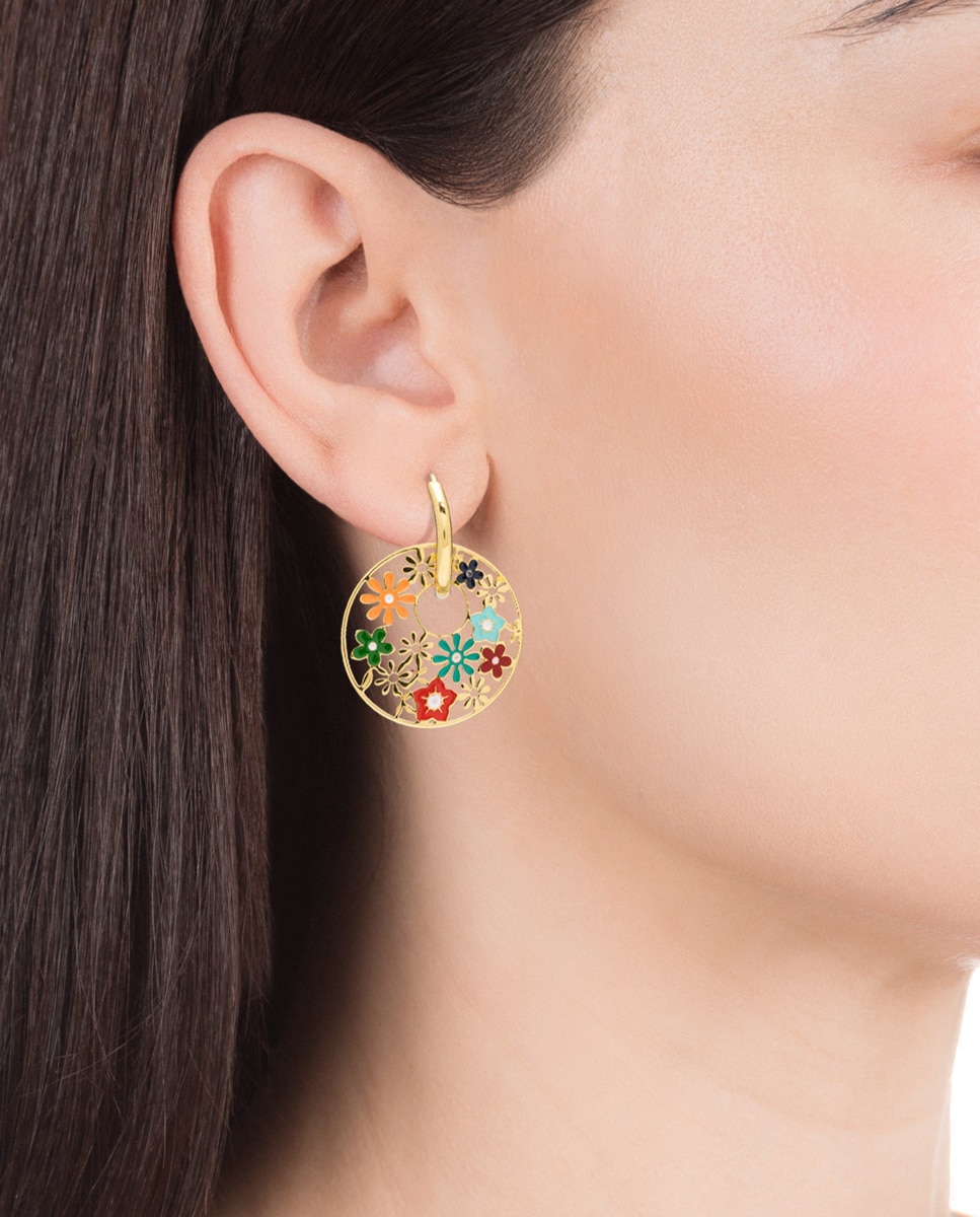 Brincos Kiss de Aço Dourado com Motivo de Flores Coloridas Multicolor-2