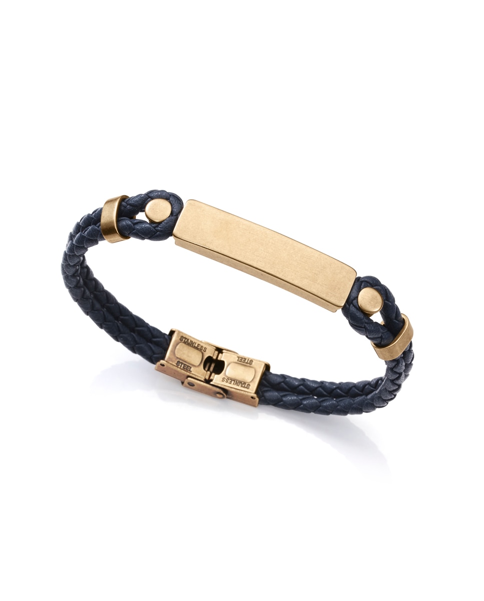 Pulseira Magnum de Aço em Bronze e Pele Entrançada Dourado-1