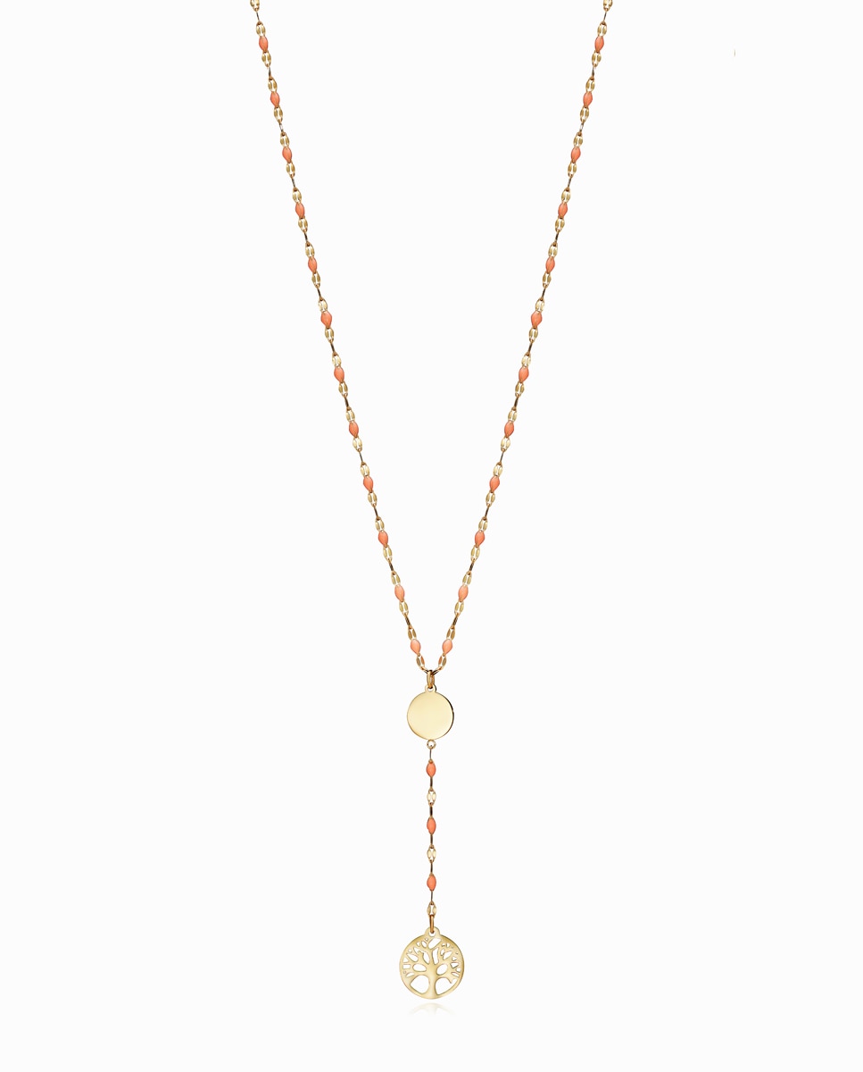 Colar Kiss de Aço Ip Dourado em Forma de Y com Motivo Da Árvore Da Vida Dourado-1