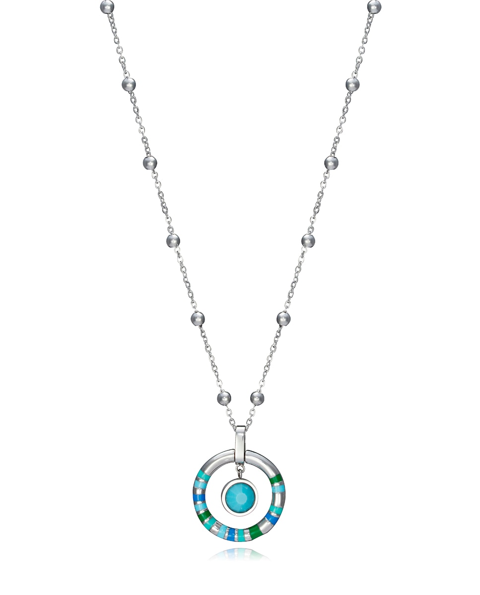 Colar Chic de Aço com Argola Às Riscas de Esmalte em Azul Azul / Verde-1