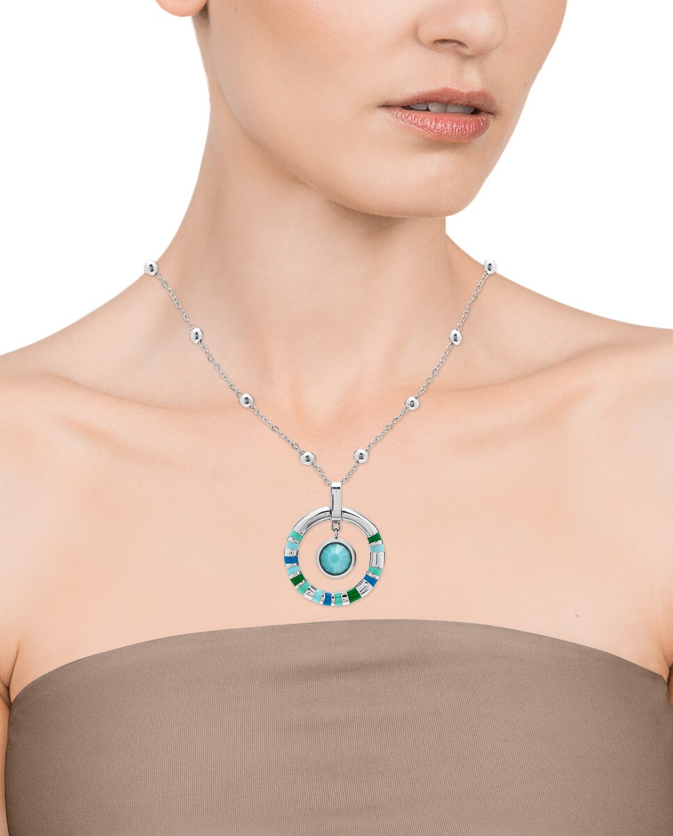 Colar Chic de Aço com Argola Às Riscas de Esmalte em Azul Azul / Verde-2