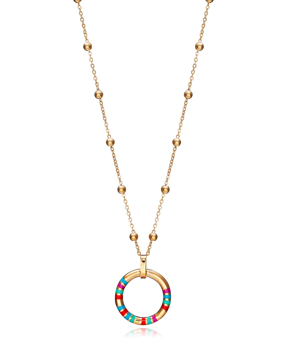 Colar Chic de Aço com Argola Às Riscas de Esmalte em Multicolor Multicolor-1
