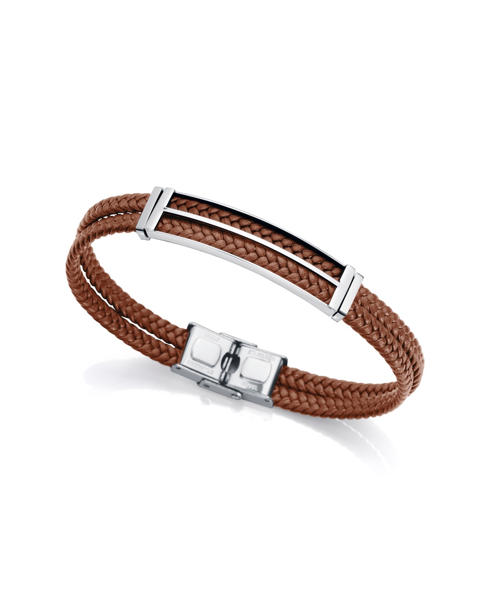 Pulseira Magnum de Aço com Placa Perfurada e Pele Castanha Castanho-1