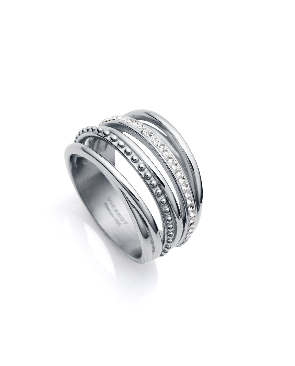 Anel Chic de Aço Multitiras e Zirconitas Prateado-1