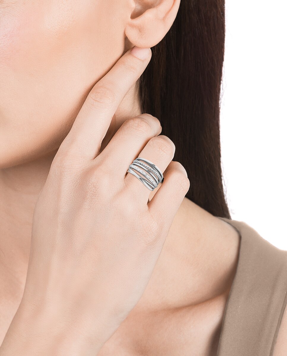 Anel Chic de Aço Multitiras e Zirconitas Prateado-2