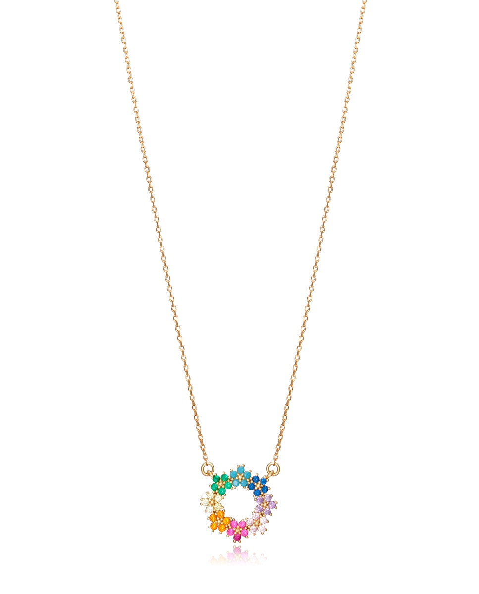 Colar Trend de Prata de Lei com Banho de Ouro e Argola de Flores com Zircónias Multicolores Multicolor-1