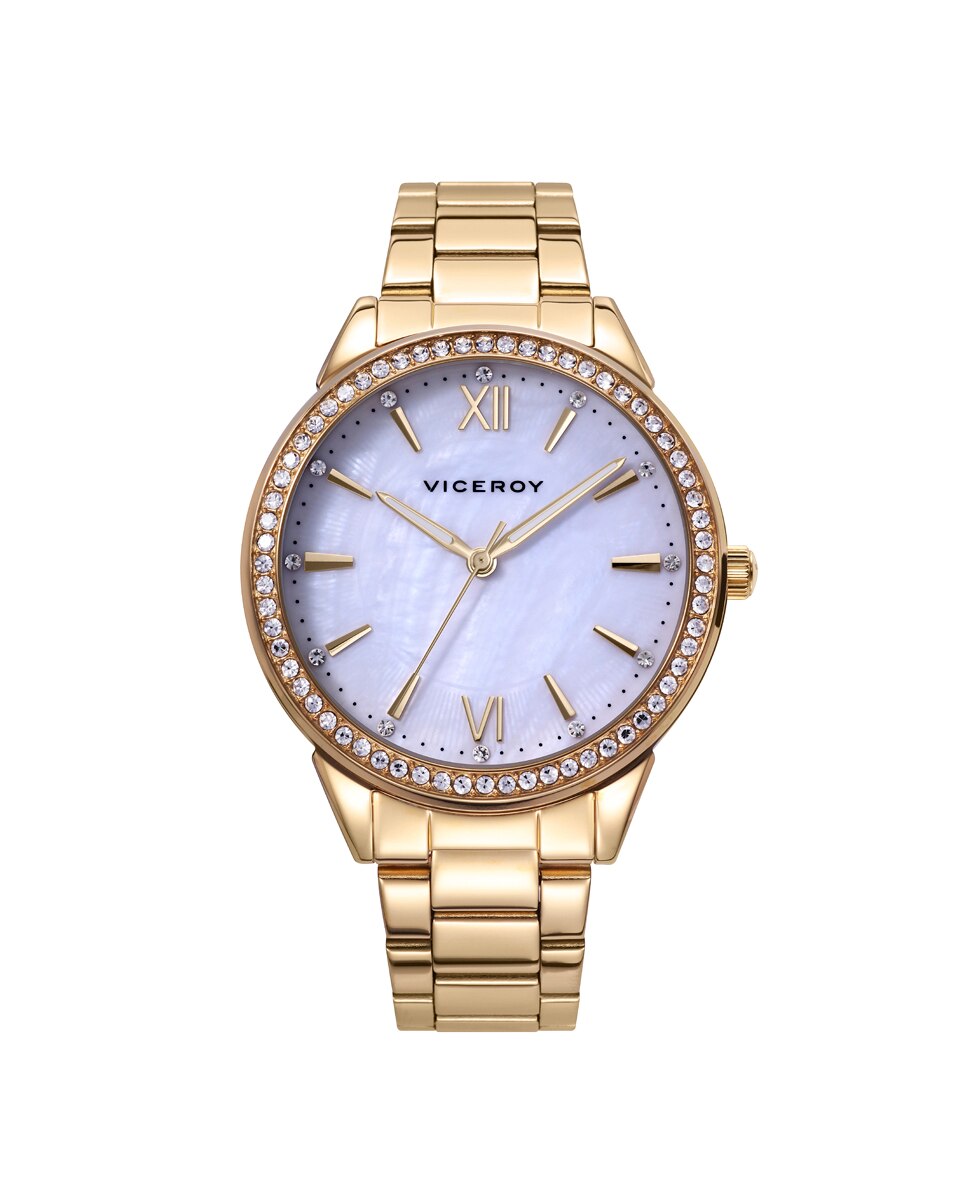 Relógio Analógico Chic de Aço com Mostrador Madrepérola em Branco e Bracelete Ip em Dourado Dourado-1