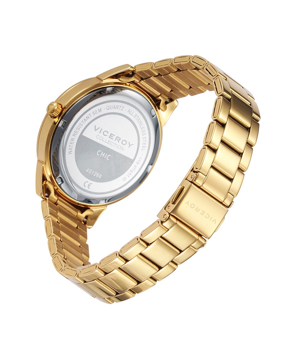 Relógio Analógico Chic de Aço com Mostrador Madrepérola em Branco e Bracelete Ip em Dourado Dourado-2