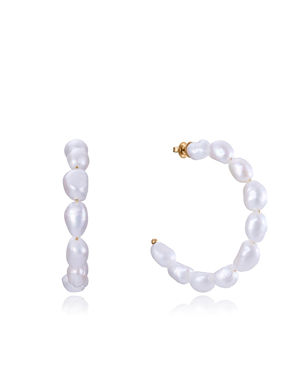 Brincos Chic de Aço em Ip Dourado com Pérolas Naturais Brancas Branco-1