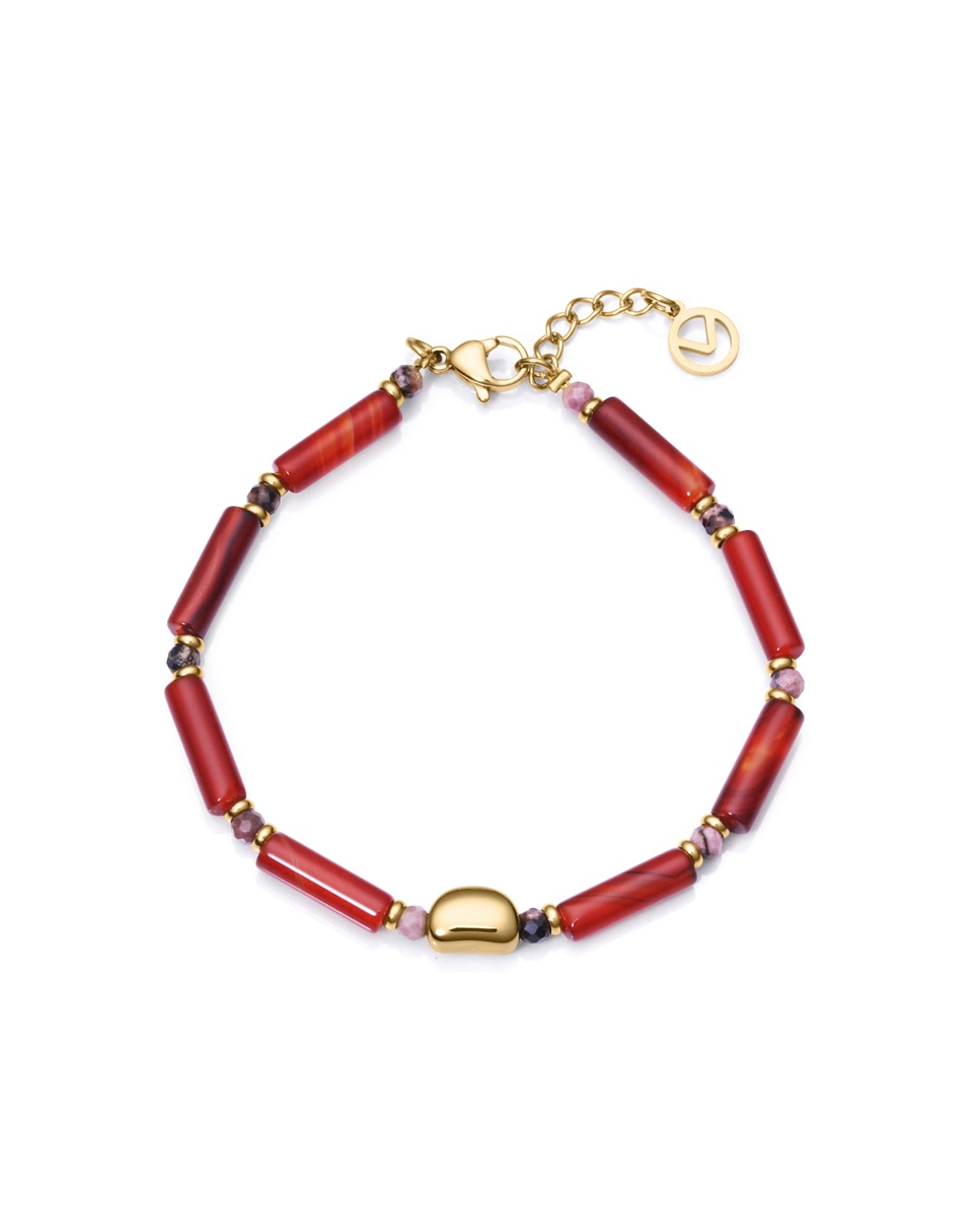 Pulseira Chic de Aço em Ip Dourado com Pedras Vermelhas de Cornalina e Rodonita Vermelho-1