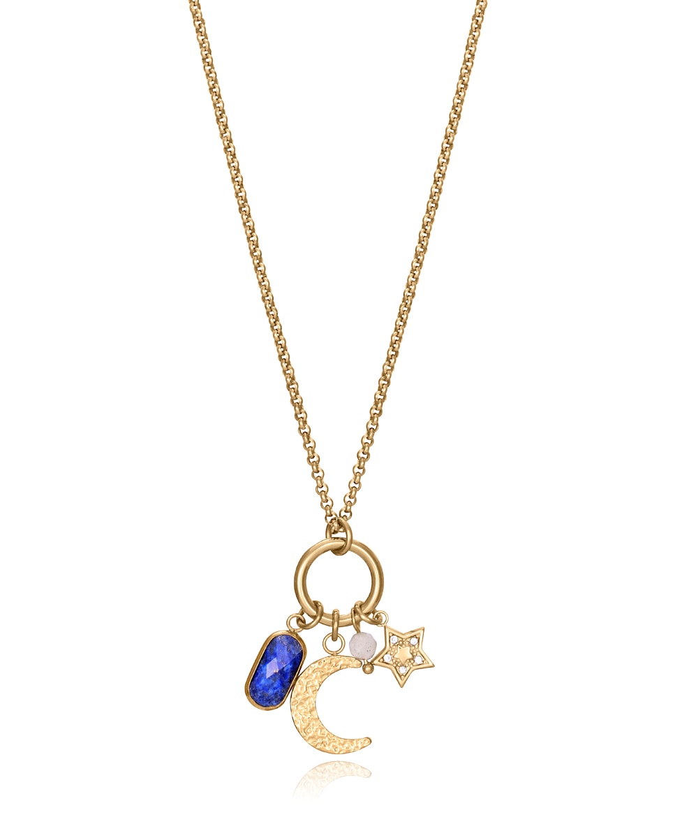 Colar Chic de Aço em Ip Dourado com Lápis-lazúli e Labradorita Dourado-1