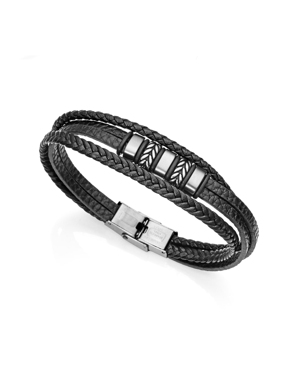 Pulseira Air de Aço com Couros em Preto Preto-1