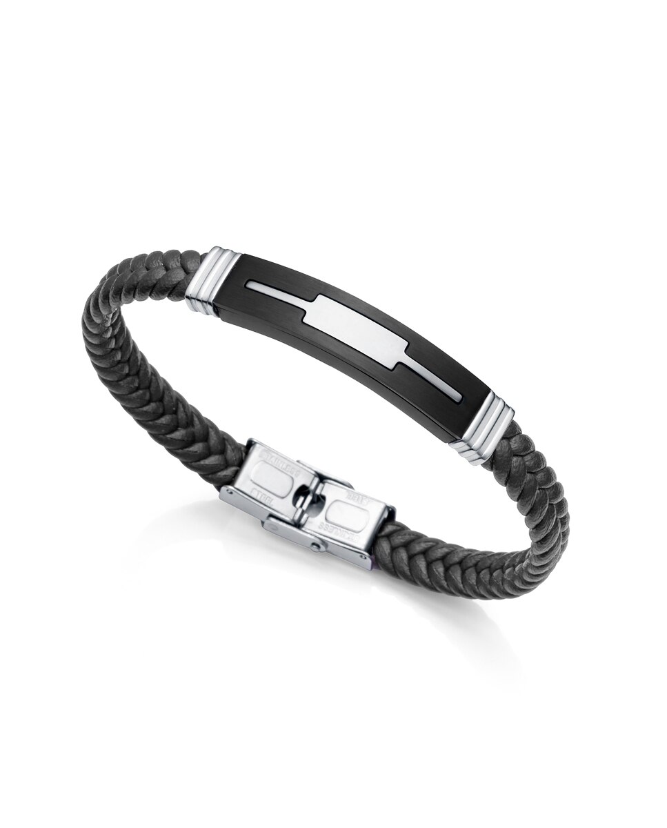 Pulseira Magnum de Aço com Motivo em Ip Preto e Couro em Preto Preto-2