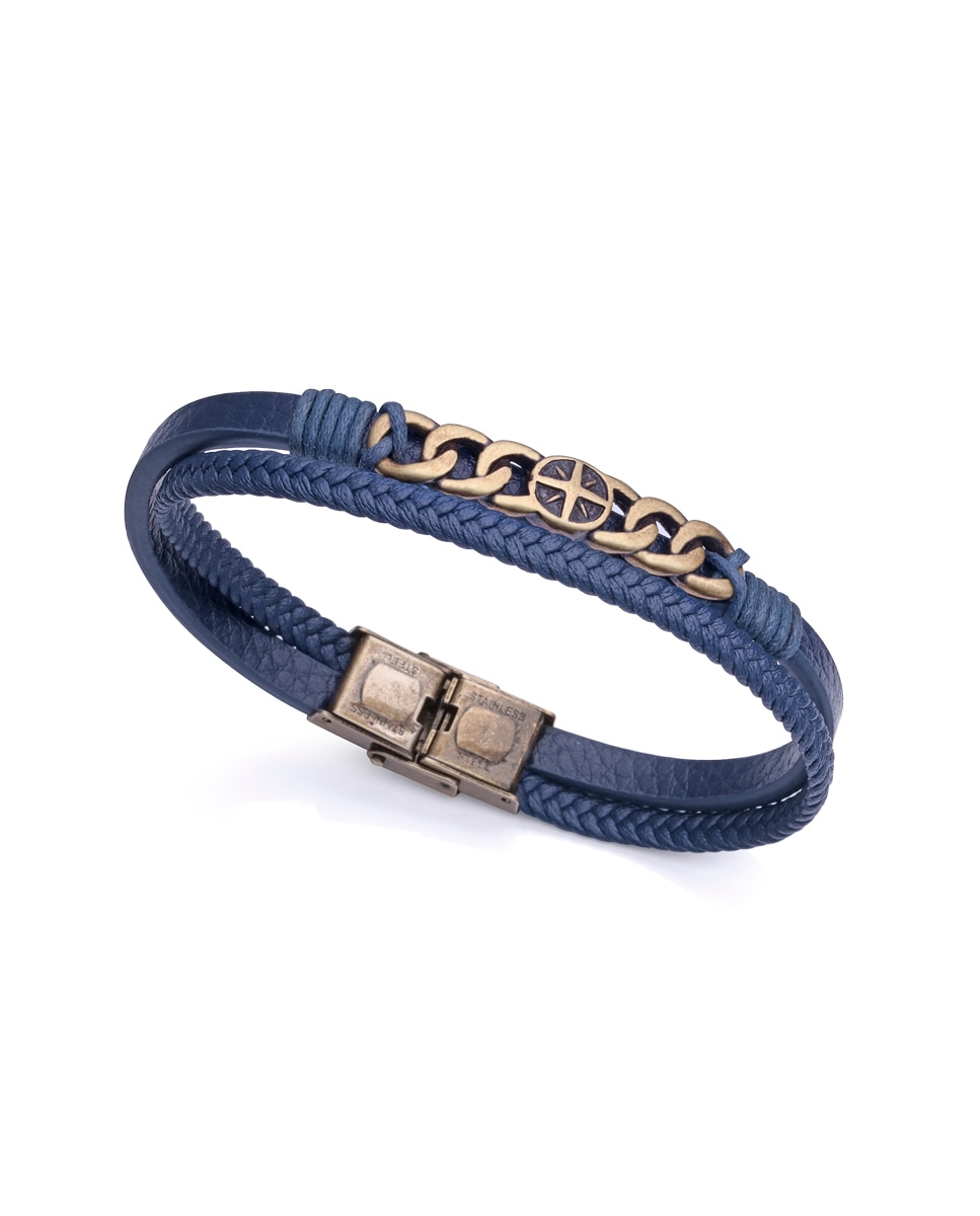 Pulseira Magnum de Aço Ip Latão e Couro Azul Azul-1