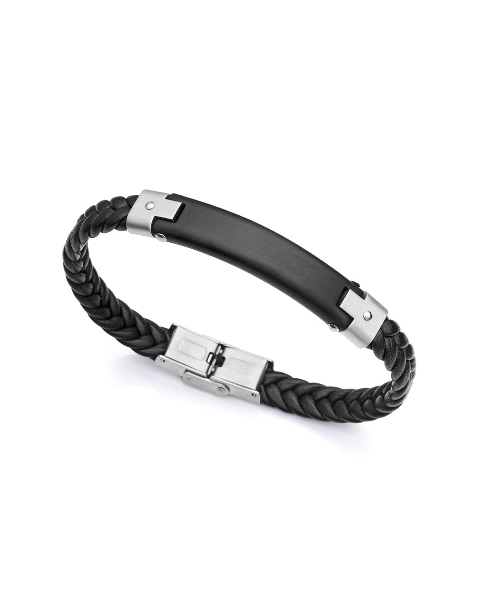 Pulseira Magnum de Aço Ip Preto e Couro Preto Entrançado Preto-1