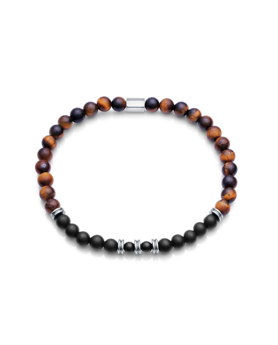 Pulseira Beat de Aço com Olho de Tigre e Ágata Preta Castanho-1