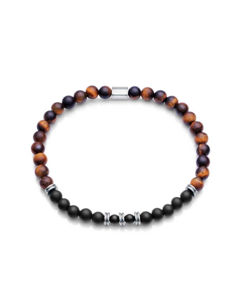 Pulseira Beat de Aço com Olho de Tigre e Ágata Preta Castanho-2