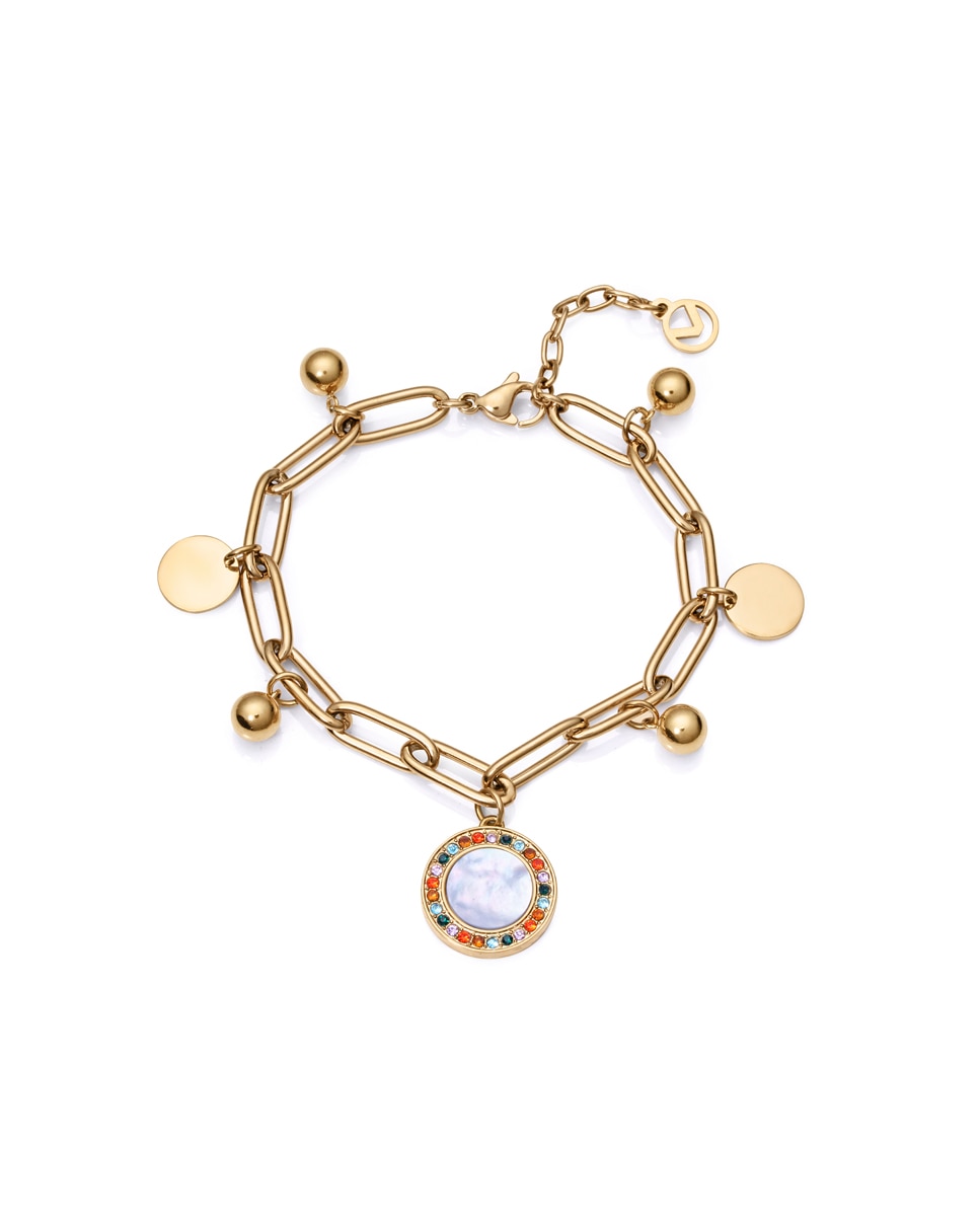 Pulseira Chic de Aço em Ip Dourado com Pendentes e Zirconitas Dourado-1