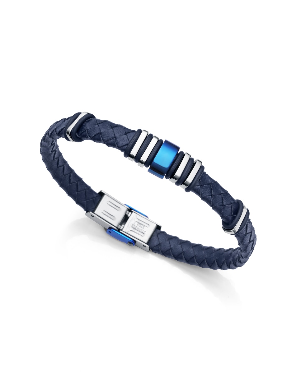 Pulseira Magnum de Aço com Ip em Azul e Couro Entrançado em Azul Azul-1