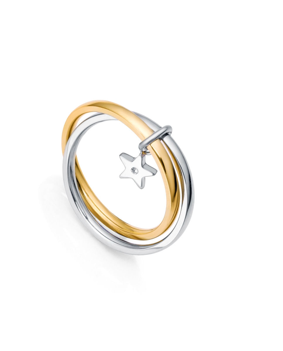 Anel Kiss de Aço e Ip Dourado com Estrela Pendente com Zirconita Ouro / Prata-1