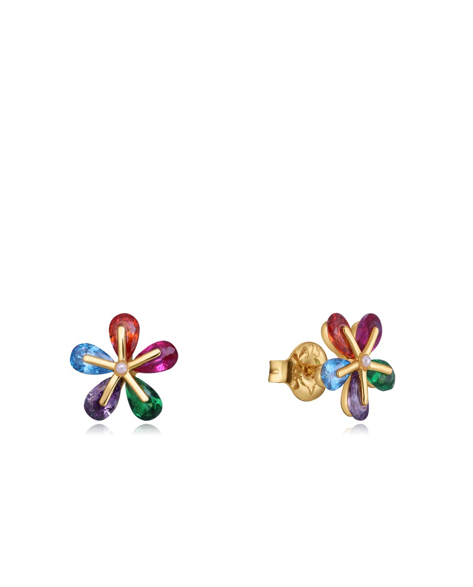 Brincos Elegant de Prata de Lei com Banho de Ouro e Cristais Coloridos Multicolor-1