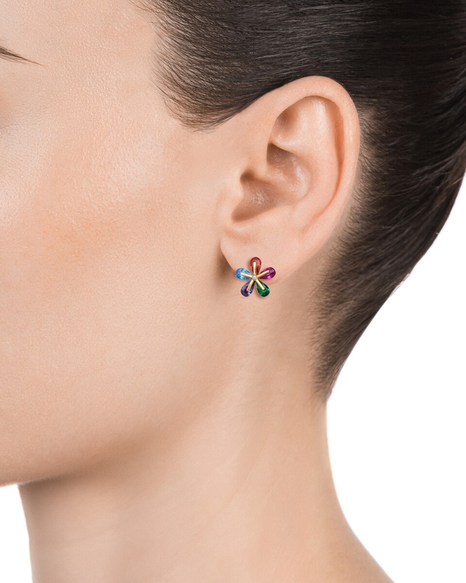 Brincos Elegant de Prata de Lei com Banho de Ouro e Cristais Coloridos Multicolor-2