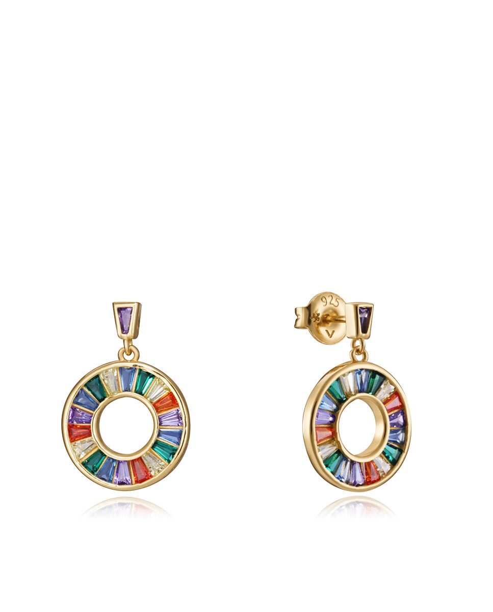 Brincos Elegant de Prata com Banho de Ouro e Zircónias de Cores Multicolor-1