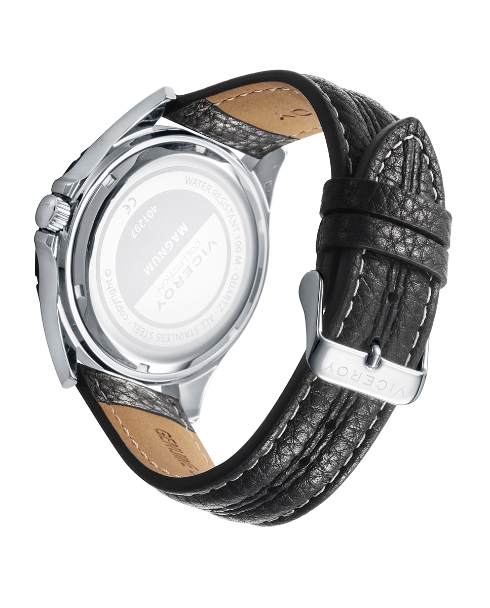 Relógio Analógico Magnum com Caixa de Aço Bicolor e Bracelete de Pele em Preto Prata-2