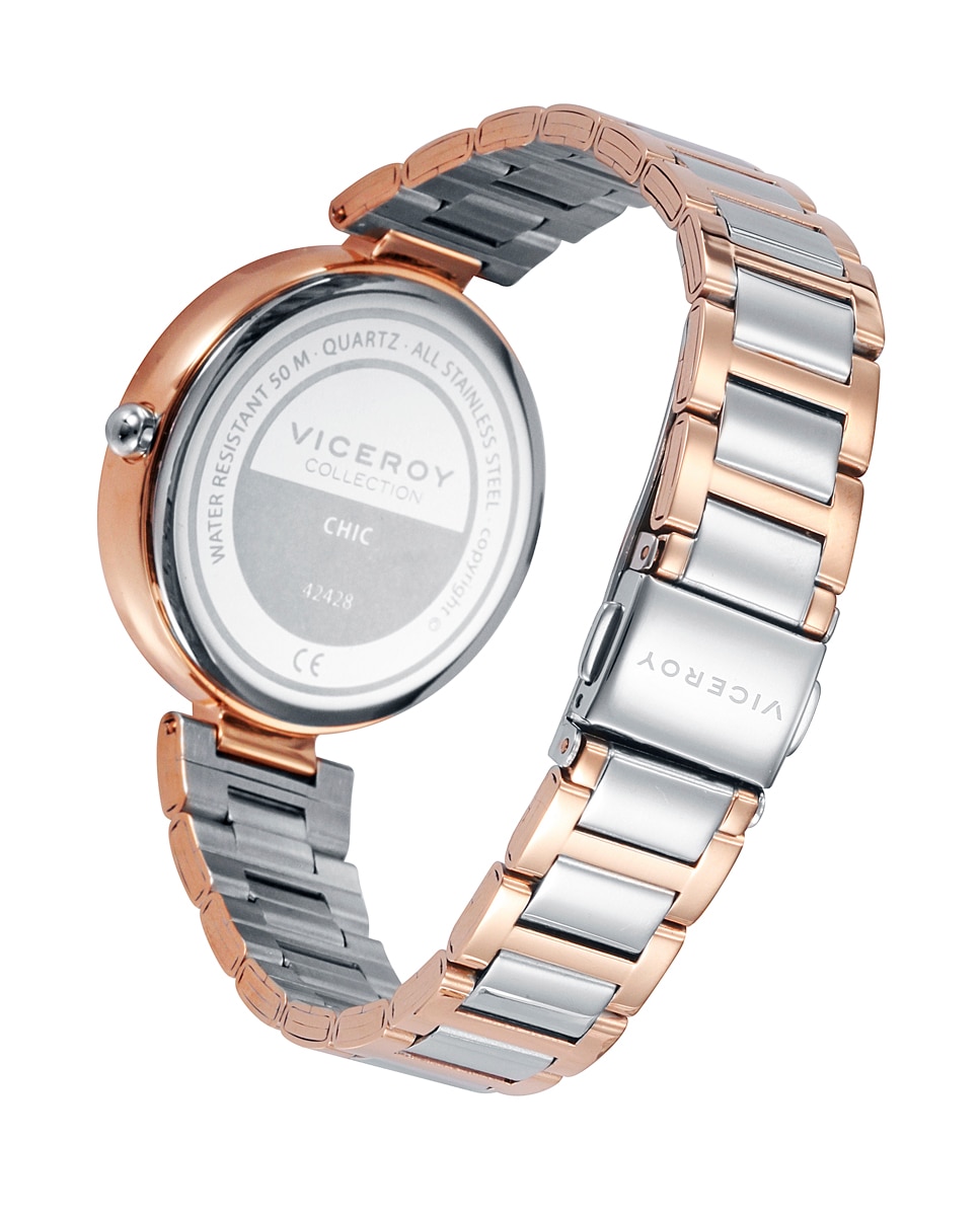 Relógio Analógico Chic com Caixa e Bracelete de Aço Bicolor Rosa-2