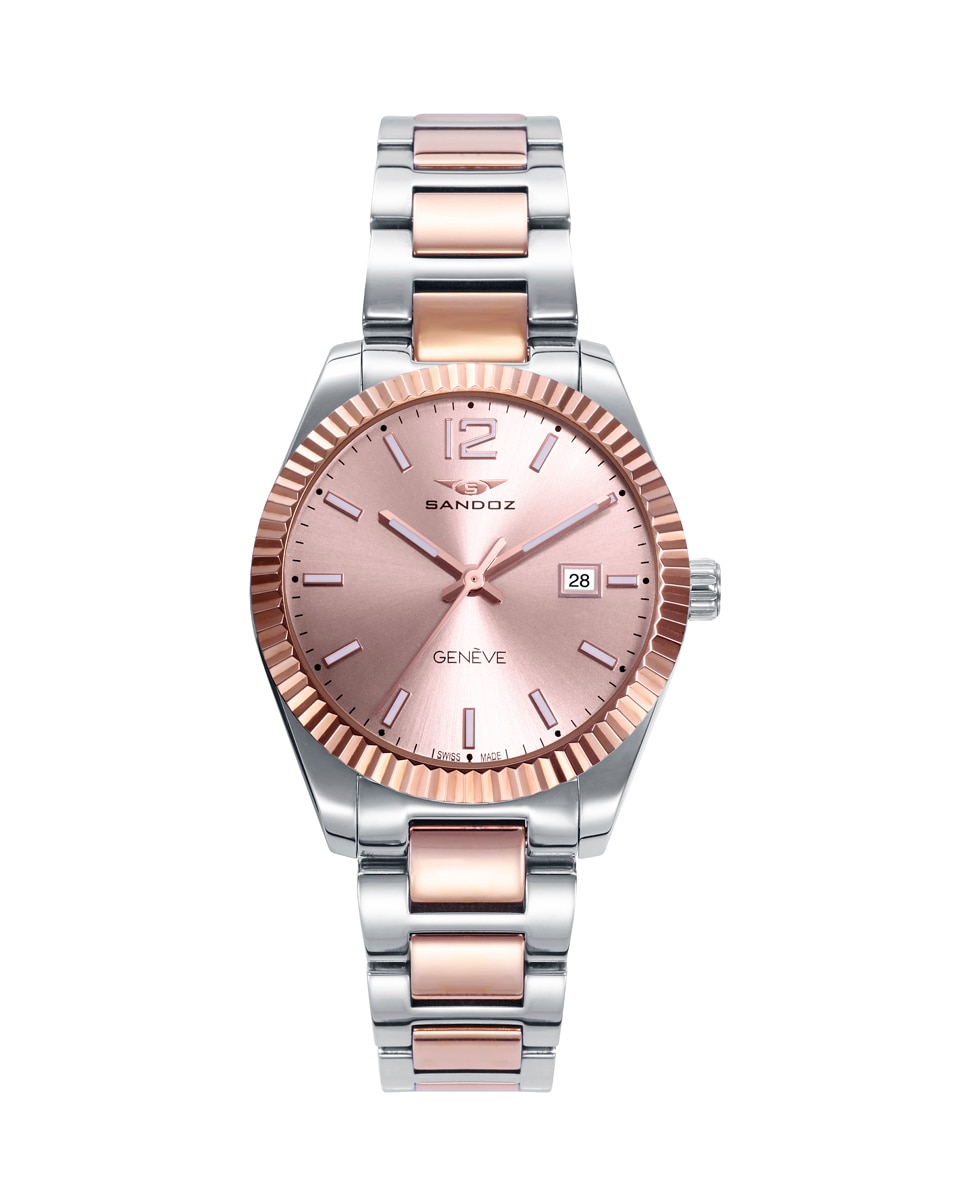Relógio Sandoz com Caixa e Bracelete Brilhante Mate com Bisel Ip Rosa Multicolor-1