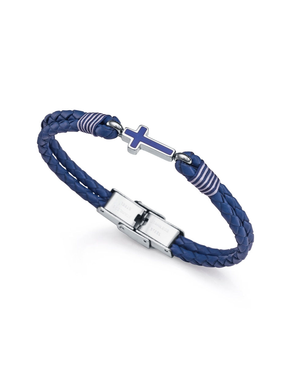 Pulseira Next de Aço com Couro Entrançado em Azul Azul-1